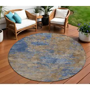 Photo of 8' Navy Blue And Brown Round Abstract Washable Indoor Outdoor Area Rug