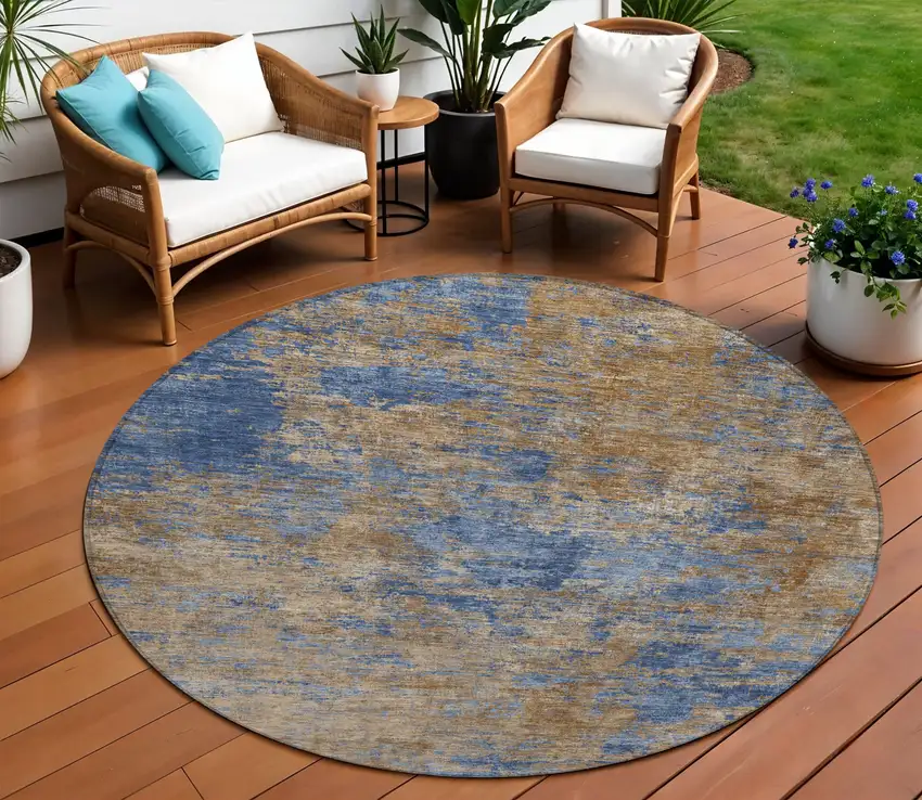 8' Navy Blue And Brown Round Abstract Washable Indoor Outdoor Area Rug Photo 1