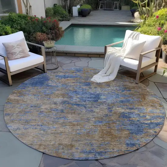 8' Navy Blue And Brown Round Abstract Washable Indoor Outdoor Area Rug Photo 7
