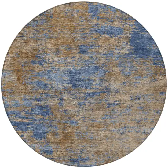 8' Navy Blue And Brown Round Abstract Washable Indoor Outdoor Area Rug Photo 6