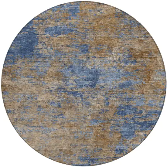 8' Navy Blue And Brown Round Abstract Washable Indoor Outdoor Area Rug Photo 2