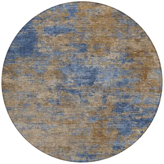 8' Navy Blue And Brown Round Abstract Washable Indoor Outdoor Area Rug Photo 5