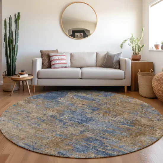 8' Navy Blue And Brown Round Abstract Washable Indoor Outdoor Area Rug Photo 8