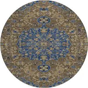 Photo of 8' Navy Blue And Brown Round Floral Medallion Washable Indoor Outdoor Area Rug