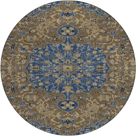 8' Navy Blue And Brown Round Floral Medallion Washable Indoor Outdoor Area Rug Photo 1
