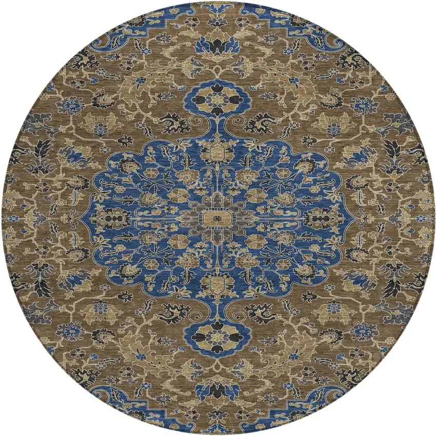 8' Navy Blue And Brown Round Floral Medallion Washable Indoor Outdoor Area Rug Photo 1