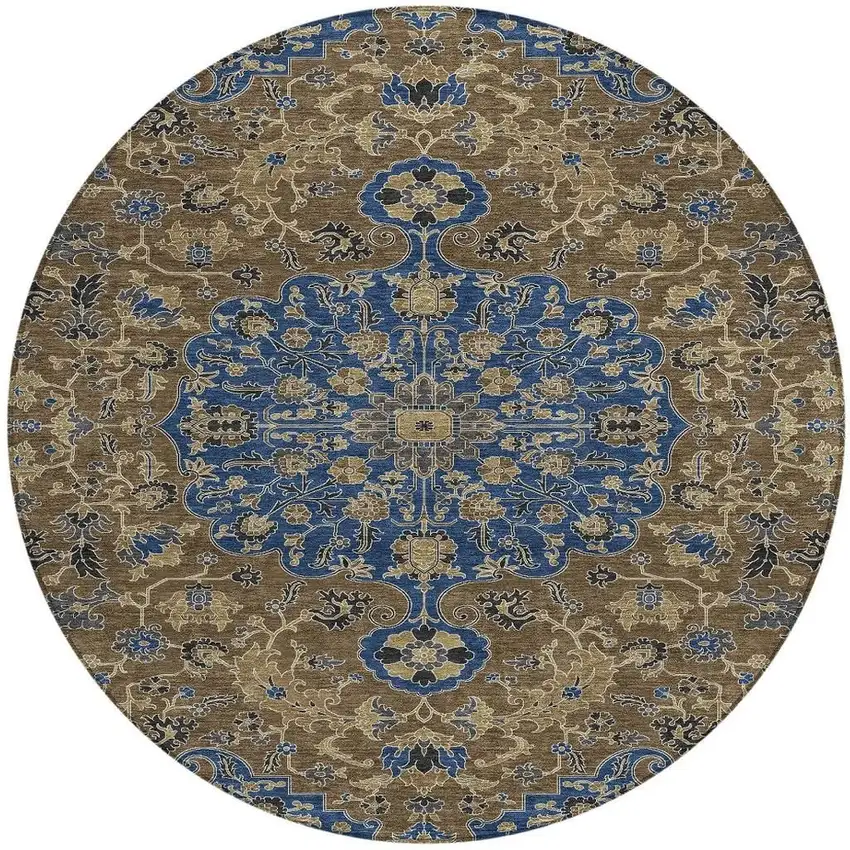 8' Navy Blue And Brown Round Floral Medallion Washable Indoor Outdoor Area Rug Photo 3