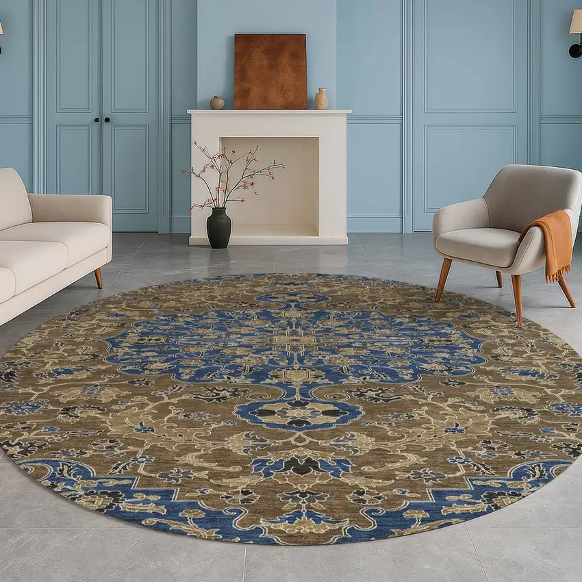 8' Navy Blue And Brown Round Floral Medallion Washable Indoor Outdoor Area Rug Photo 5