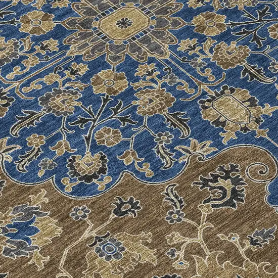 8' Navy Blue And Brown Round Floral Medallion Washable Indoor Outdoor Area Rug Photo 7