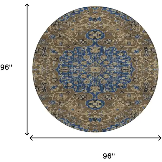 8' Navy Blue And Brown Round Floral Medallion Washable Indoor Outdoor Area Rug Photo 8