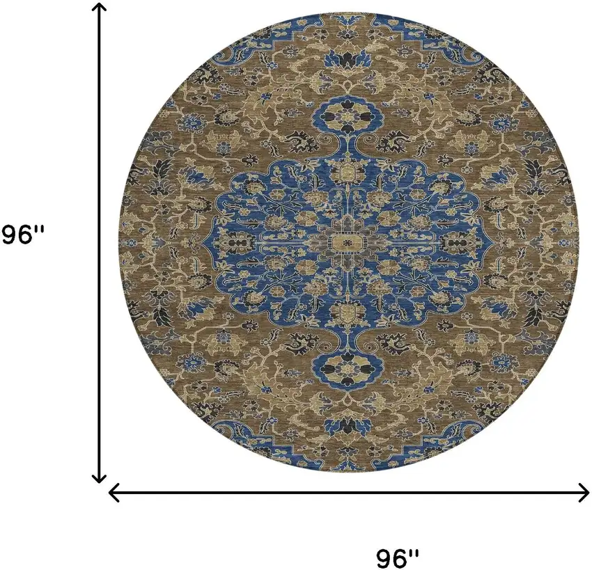 8' Navy Blue And Brown Round Floral Medallion Washable Indoor Outdoor Area Rug Photo 8