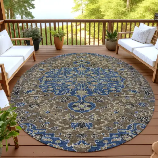 8' Navy Blue And Brown Round Floral Medallion Washable Indoor Outdoor Area Rug Photo 4
