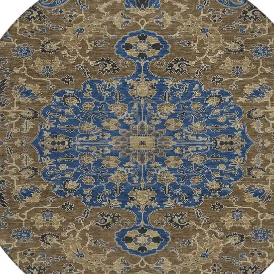 8' Navy Blue And Brown Round Floral Medallion Washable Indoor Outdoor Area Rug Photo 2