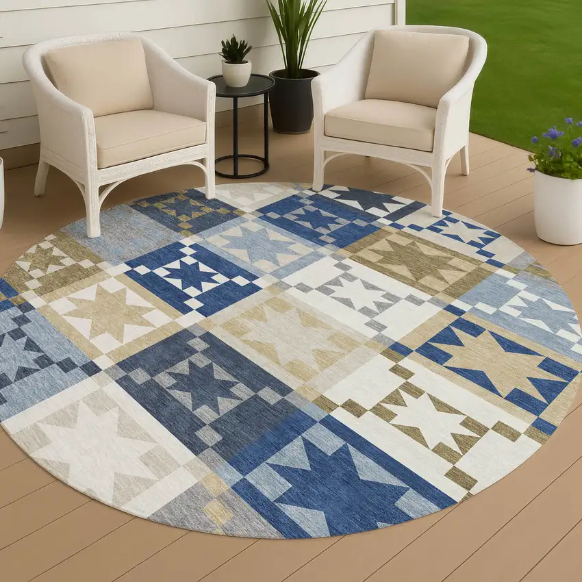 8' Navy Blue And Brown Round Patchwork Washable Indoor Outdoor Area Rug Photo 4