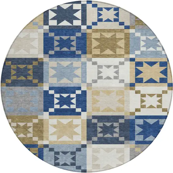 8' Navy Blue And Brown Round Patchwork Washable Indoor Outdoor Area Rug Photo 6
