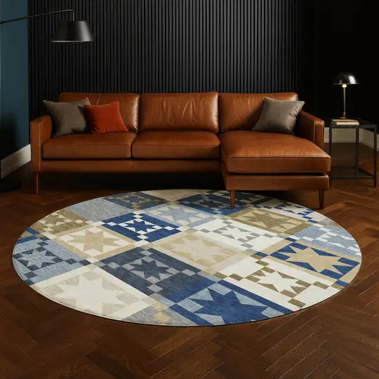 8' Navy Blue And Brown Round Patchwork Washable Indoor Outdoor Area Rug Photo 5