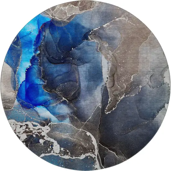 8' Navy Blue And Charcoal Abstract Washable Round Rug With UV Protection Photo 4