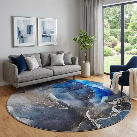 8' Navy Blue And Charcoal Abstract Washable Round Rug With UV Protection Photo 1