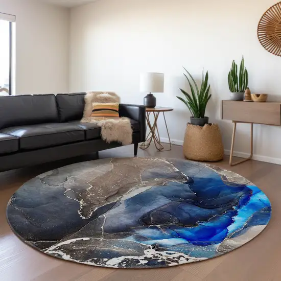 8' Navy Blue And Charcoal Abstract Washable Round Rug With UV Protection Photo 5