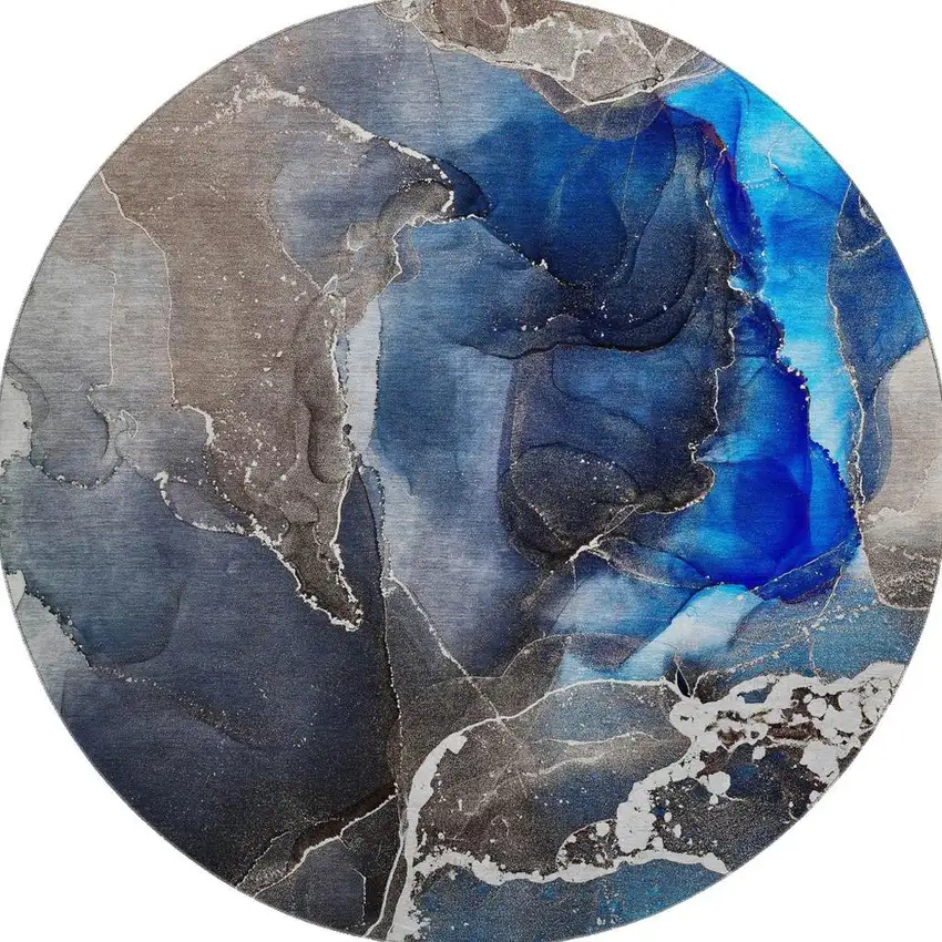 8' Navy Blue And Charcoal Abstract Washable Round Rug With UV Protection Photo 3