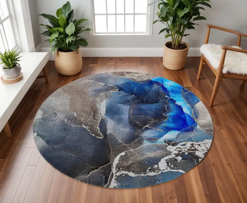 8' Navy Blue And Charcoal Abstract Washable Round Rug With UV Protection Photo 2