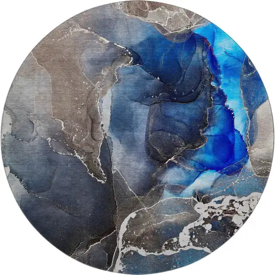 8' Navy Blue And Charcoal Abstract Washable Round Rug With UV Protection Photo 1
