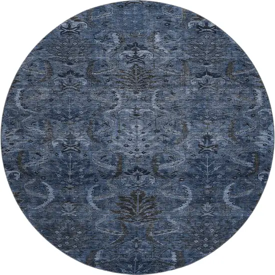8' Navy Blue And Charcoal Damask Washable Round Rug With UV Protection Photo 1