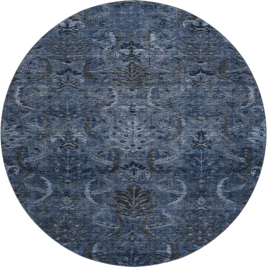 8' Navy Blue And Charcoal Damask Washable Round Rug With UV Protection Photo 1