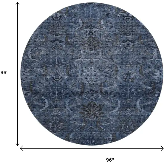 8' Navy Blue And Charcoal Damask Washable Round Rug With UV Protection Photo 9