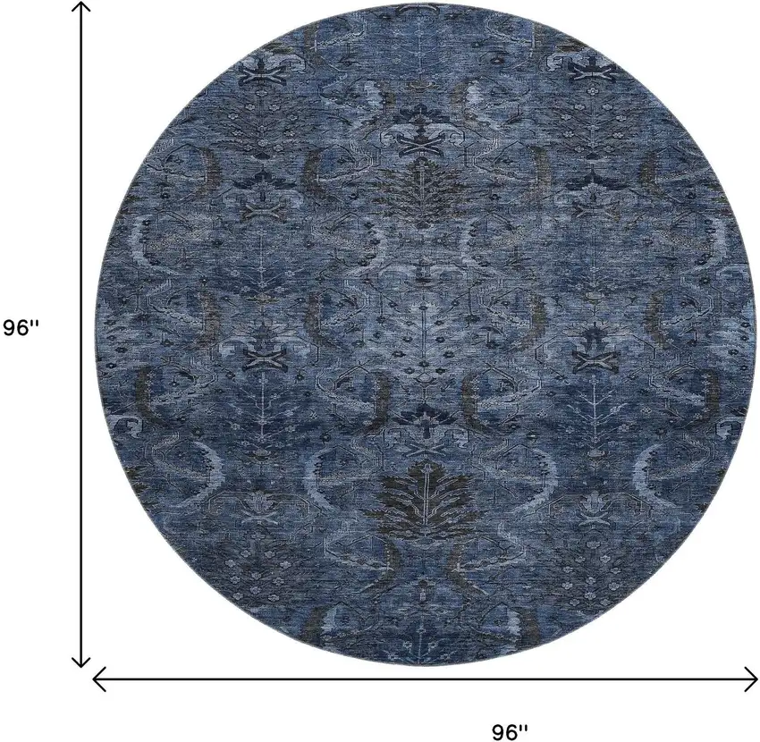 8' Navy Blue And Charcoal Damask Washable Round Rug With UV Protection Photo 9
