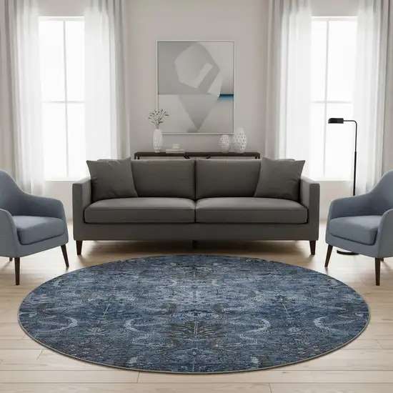 8' Navy Blue And Charcoal Damask Washable Round Rug With UV Protection Photo 2