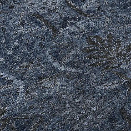 8' Navy Blue And Charcoal Damask Washable Round Rug With UV Protection Photo 8