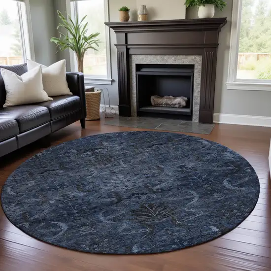 8' Navy Blue And Charcoal Damask Washable Round Rug With UV Protection Photo 4