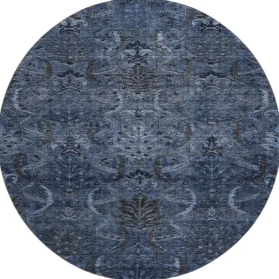 8' Navy Blue And Charcoal Damask Washable Round Rug With UV Protection Photo 3