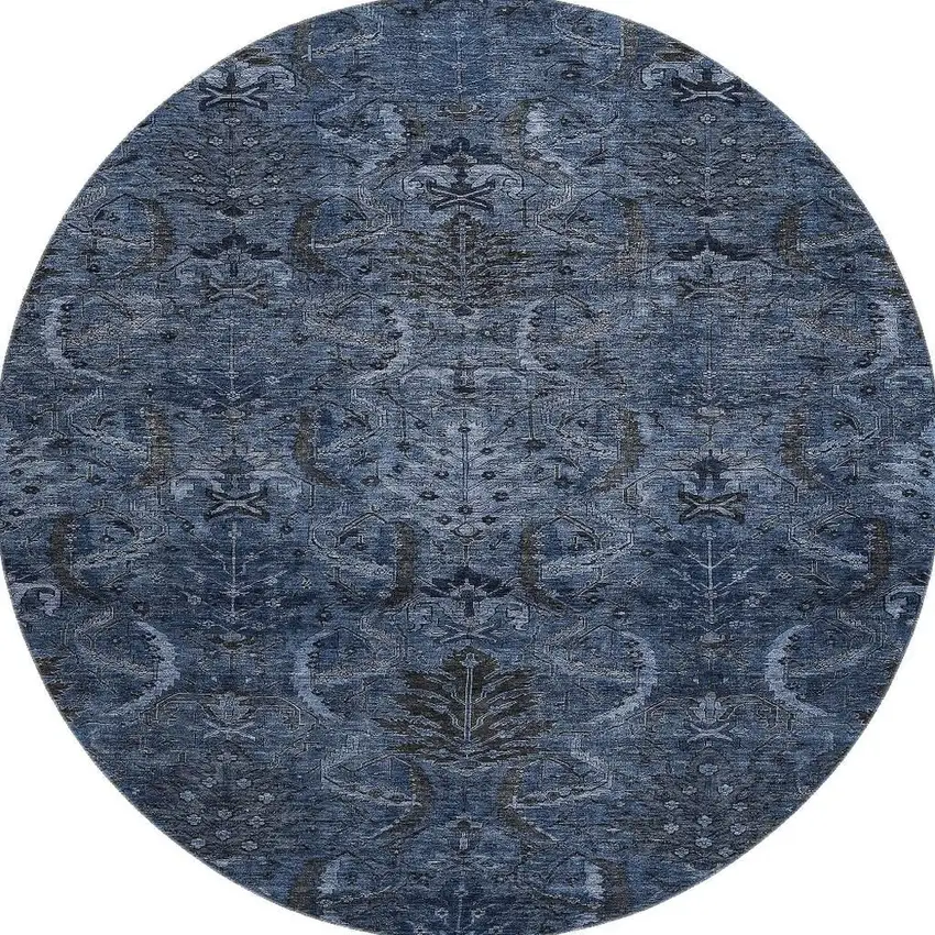 8' Navy Blue And Charcoal Damask Washable Round Rug With UV Protection Photo 3