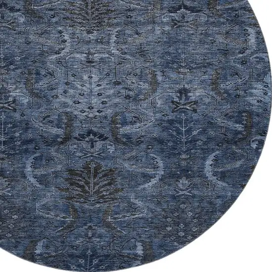 8' Navy Blue And Charcoal Damask Washable Round Rug With UV Protection Photo 2