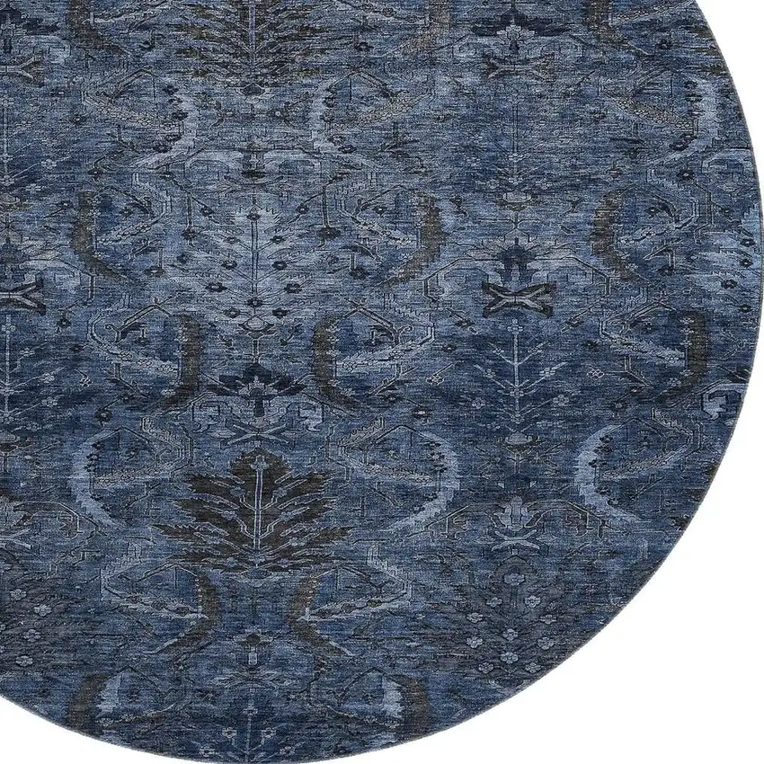 8' Navy Blue And Charcoal Damask Washable Round Rug With UV Protection Photo 2