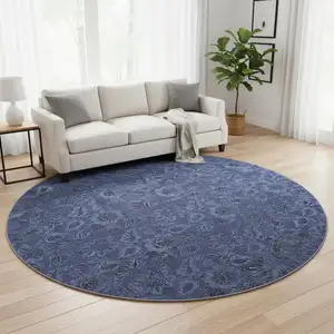 Photo of 8' Navy Blue And Charcoal Floral Washable Round Rug With UV Protection