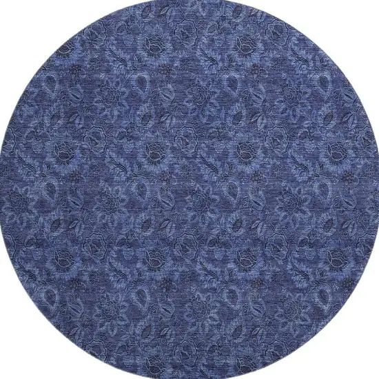 8' Navy Blue And Charcoal Floral Washable Round Rug With UV Protection Photo 3