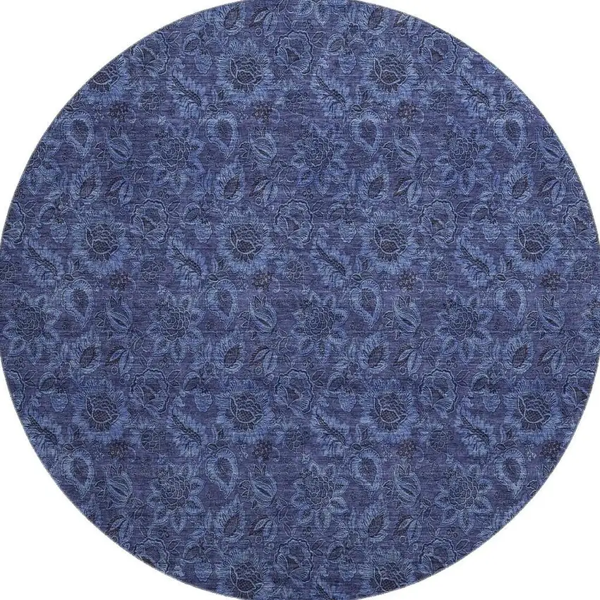 8' Navy Blue And Charcoal Floral Washable Round Rug With UV Protection Photo 3