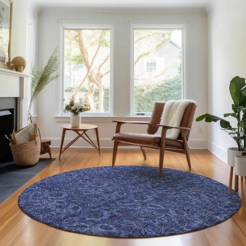 8' Navy Blue And Charcoal Floral Washable Round Rug With UV Protection Photo 5