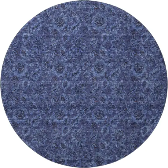 8' Navy Blue And Charcoal Floral Washable Round Rug With UV Protection Photo 4