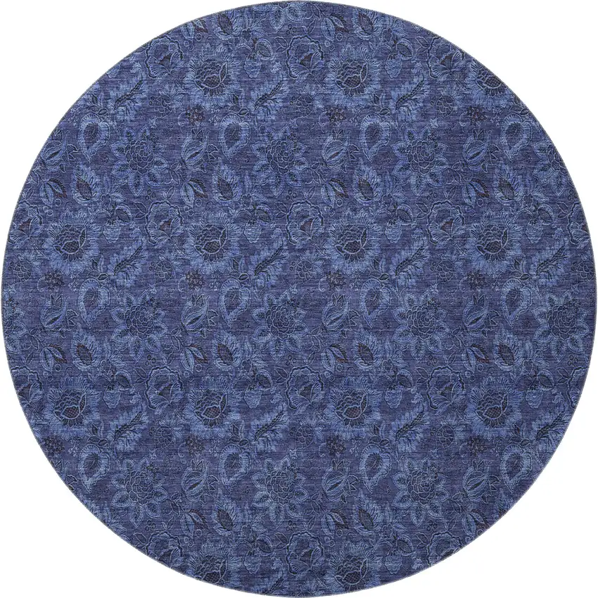 8' Navy Blue And Charcoal Floral Washable Round Rug With UV Protection Photo 4
