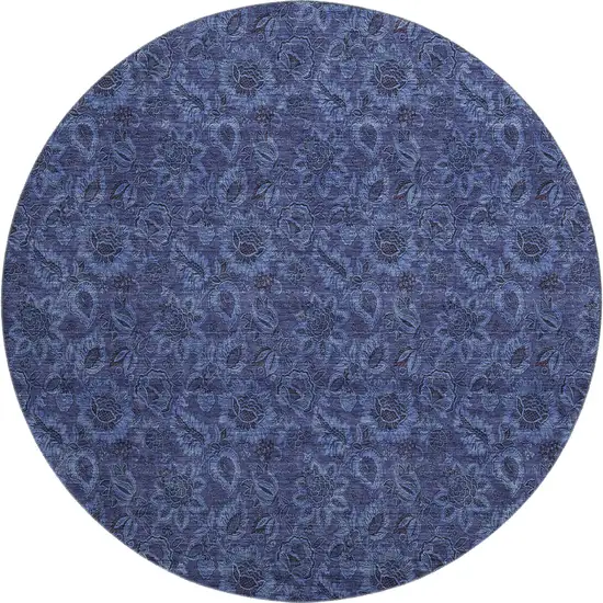 8' Navy Blue And Charcoal Floral Washable Round Rug With UV Protection Photo 1