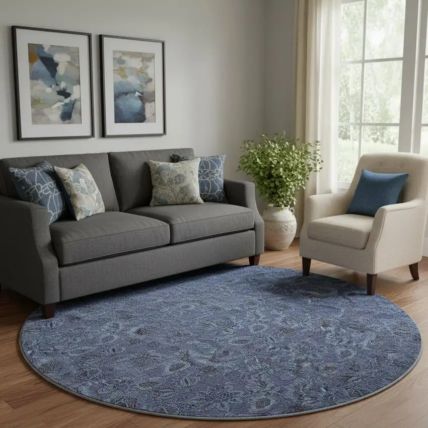 8' Navy Blue And Charcoal Floral Washable Round Rug With UV Protection Photo 2