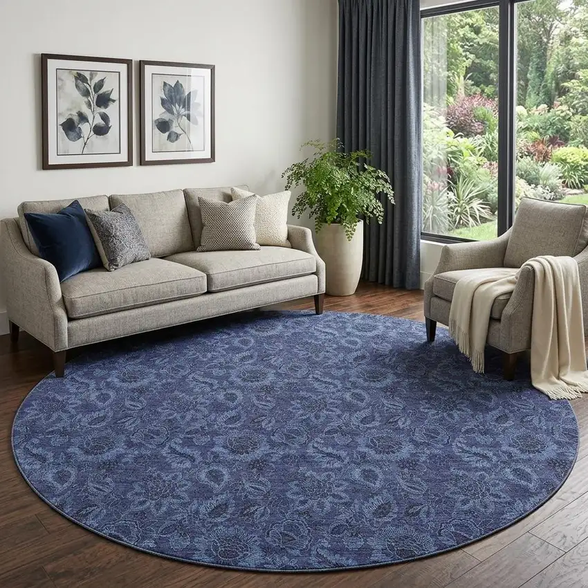 8' Navy Blue And Charcoal Floral Washable Round Rug With UV Protection Photo 1