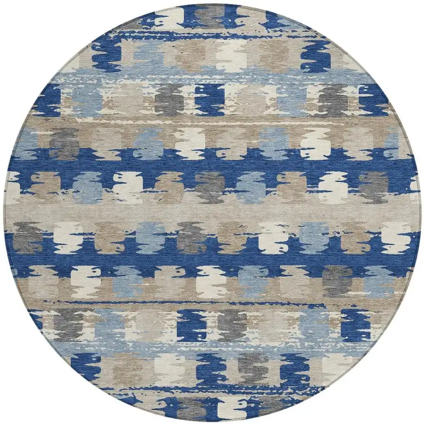 8' Navy Blue And Charcoal Round Abstract Washable Indoor Outdoor Area Rug Photo 4