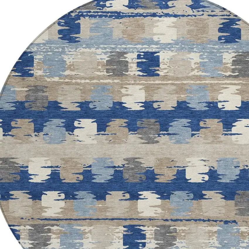 8' Navy Blue And Charcoal Round Abstract Washable Indoor Outdoor Area Rug Photo 3