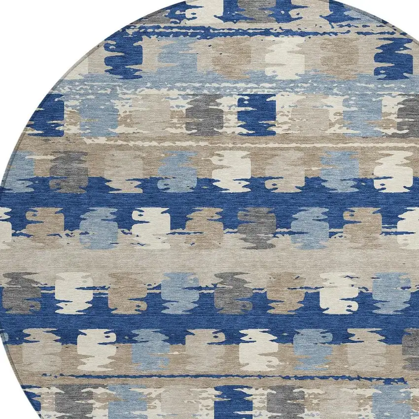 8' Navy Blue And Charcoal Round Abstract Washable Indoor Outdoor Area Rug Photo 5