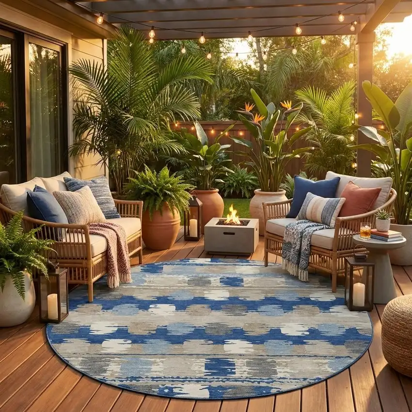 8' Navy Blue And Charcoal Round Abstract Washable Indoor Outdoor Area Rug Photo 1